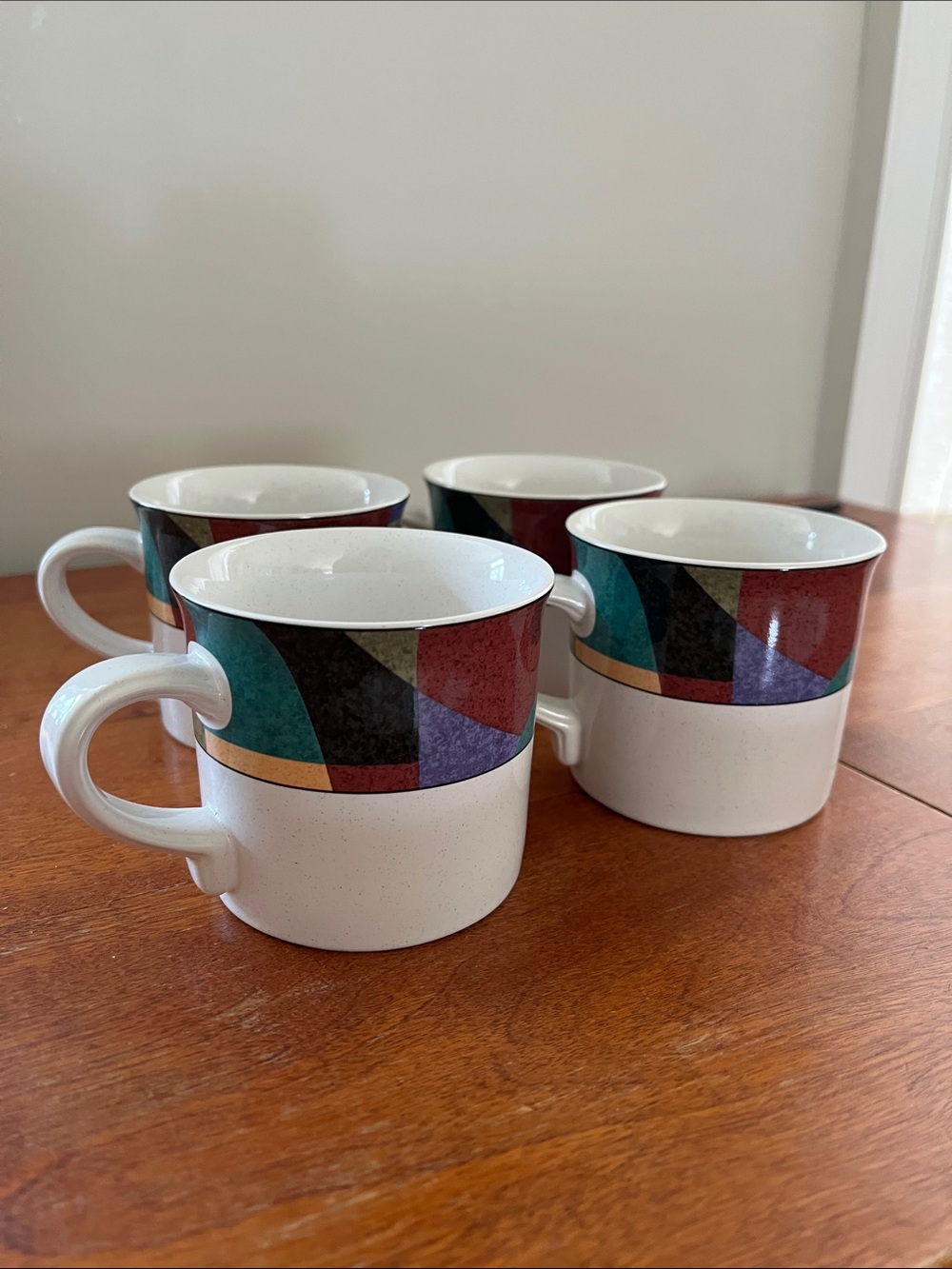 Vintage Set of 4 Ceramic Mugs with Multicolor Geometric Band